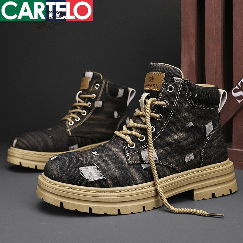 [线下专柜同款]卡帝乐鳄鱼(CARTELO)新款牛仔布高帮马丁鞋靴休闲鞋男鞋板鞋