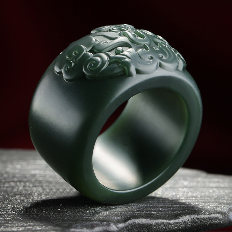 印象眸 和田玉戒指 山河十二朝系列饕餮纹男扳指 青玉细料指环 附送