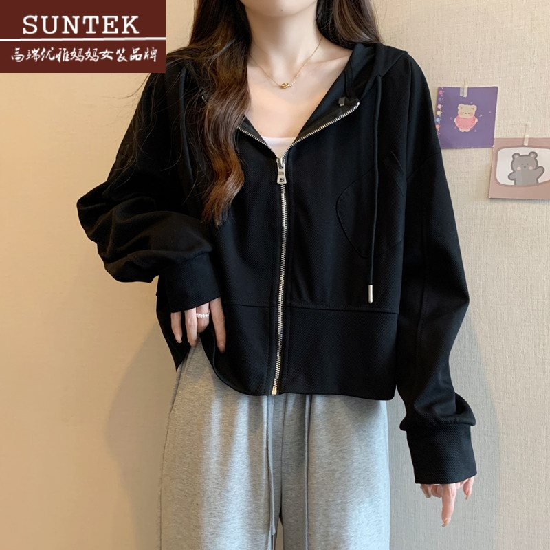 suntek正肩黑色连帽卫衣外套女春大码胖mm宽松显瘦今年流行短款上衣