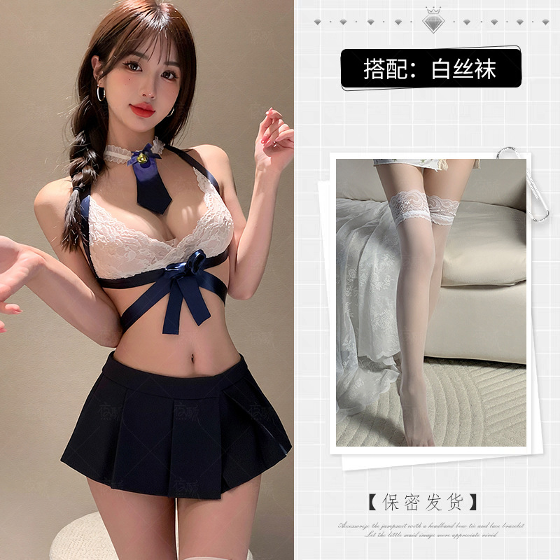 姿美夜酥情趣内衣性感学生超短诱惑百褶裙制服套装代发jk可爱小胸 蓝色+白丝袜 均码
