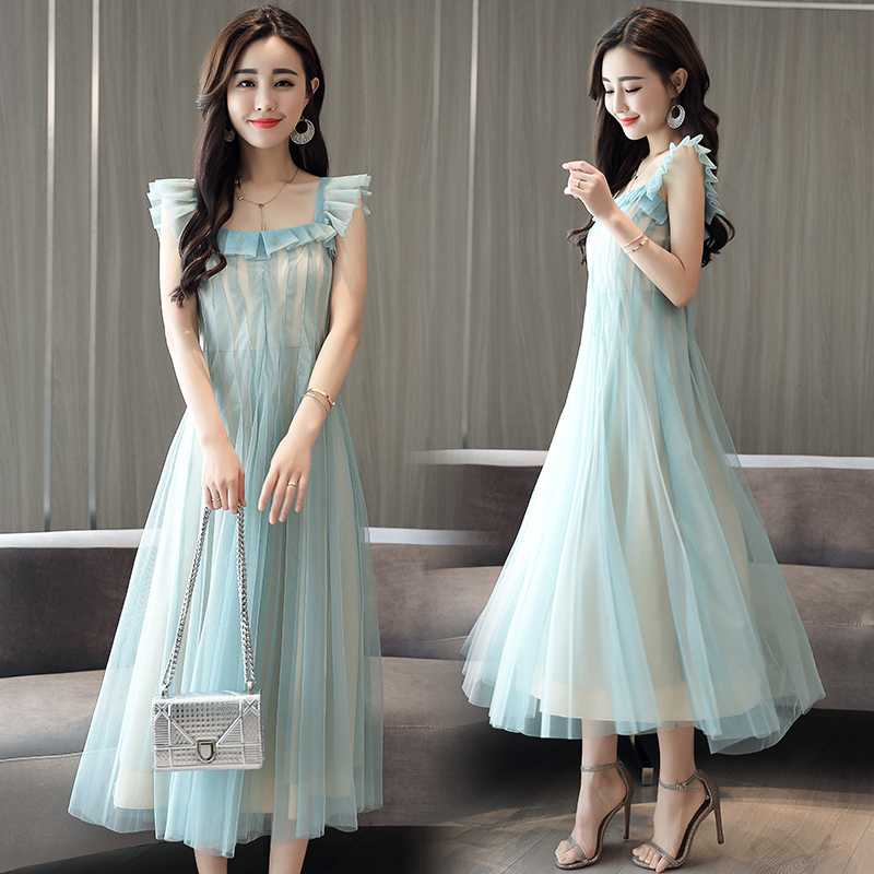 夏装女士新品女韩版网纱连衣裙夏款性感气质仙女修身中长款无袖裙