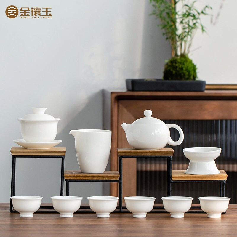 金镶玉 羊脂玉瓷清香雅韵 茶壶茶杯盖碗陶羊脂玉白瓷高档简约家用茶具套装高清大图