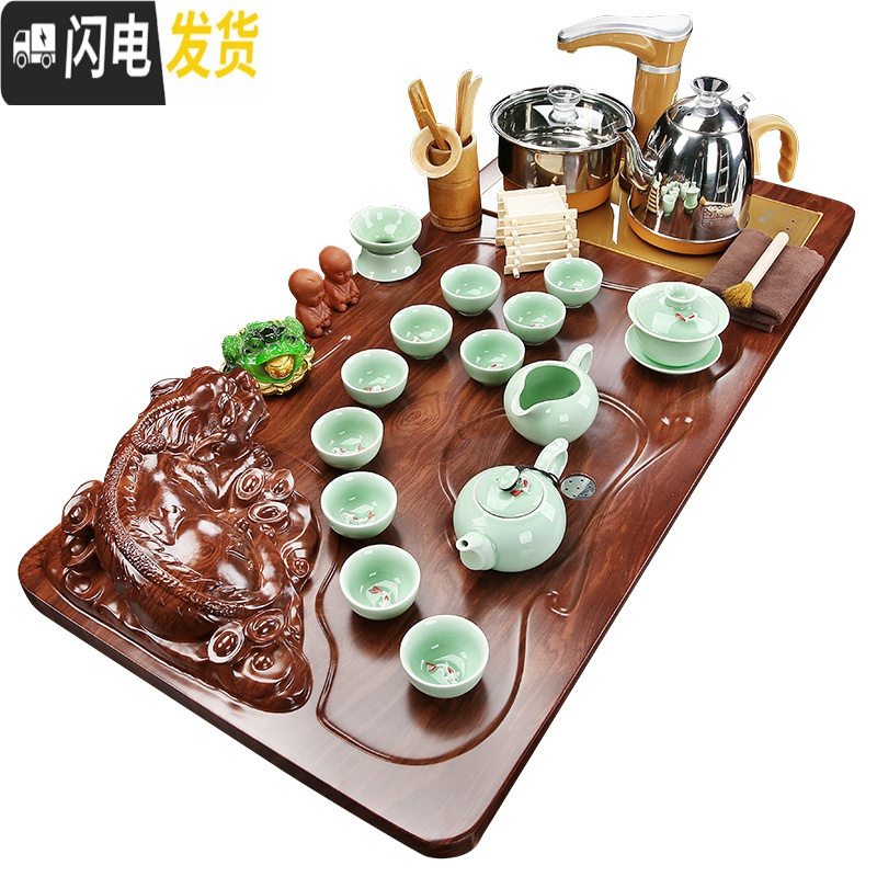 三维工匠茶具套装家用整套功夫喝茶台紫砂陶瓷茶海实木茶盘全自动一体 17立体佛+紫砂茶具 40件