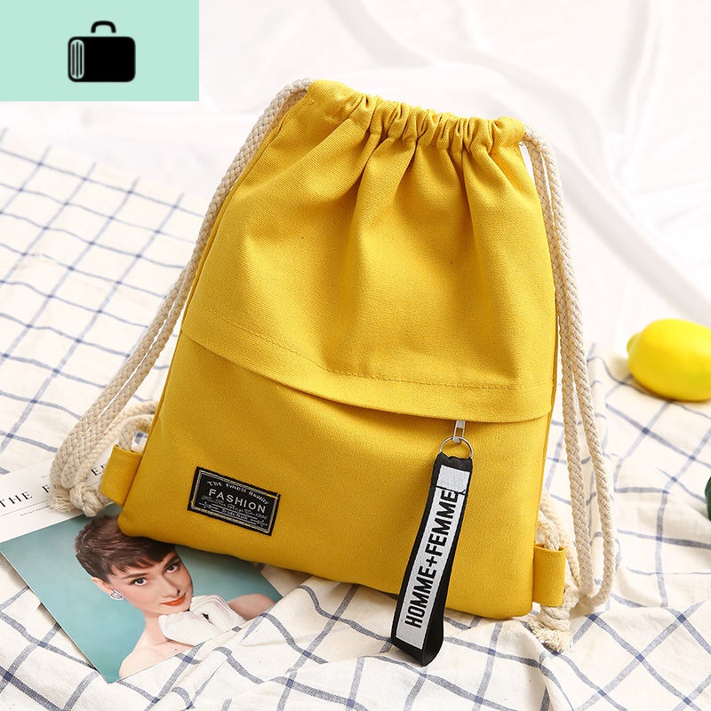 太阳的后裔原创韩版束口袋 简约抽绳双肩包学院女帆布运动背包潮NEW LAKE 黄色