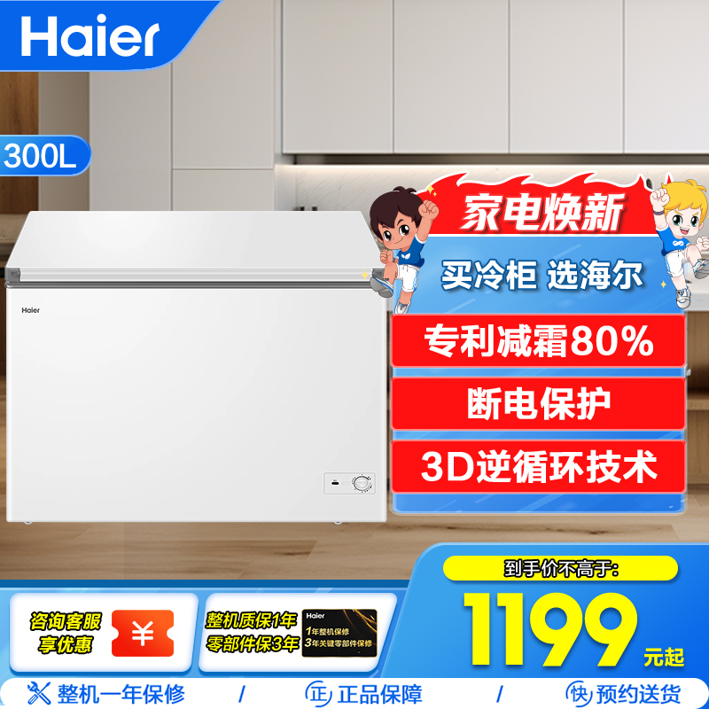 海尔(Haier)300升卧式冰柜冷柜 家用商用两用大容量大冷冻力 专利减霜80% BC/BD-300GHPDZ