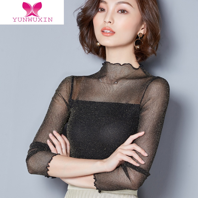 YUNWUXIN半高领蕾丝打底衫女士黑色网纱长袖T恤时尚洋气小衫时髦内搭上衣
