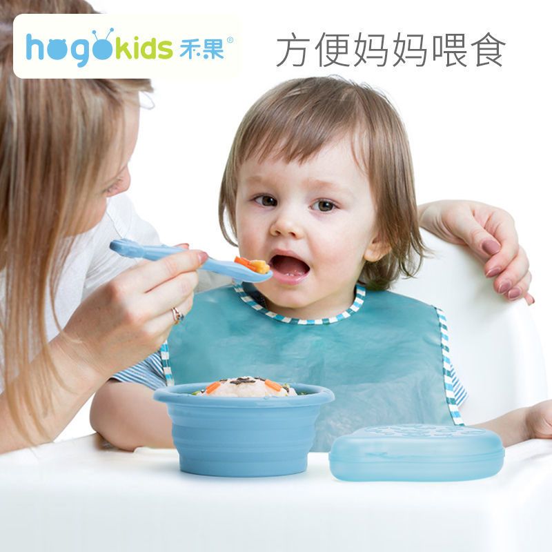 粉红+收纳盒 禾果硅胶折叠碗宝宝餐具婴儿外出辅食碗便携式防摔儿童餐具套装