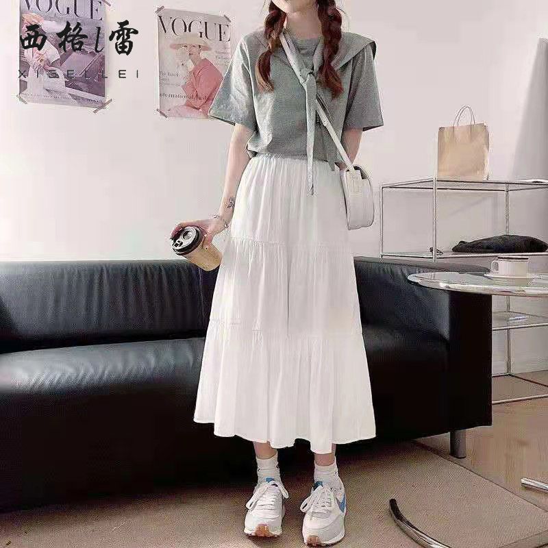 中长款半身裙2020新款春秋夏季百搭松紧高腰白色a字仙女裙子 白色 S