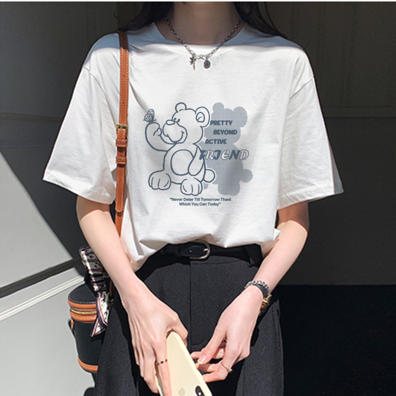 唐狮 女上衣夏短袖清凉夏季新款可爱小熊图案慵懒风上衣时尚百搭潮