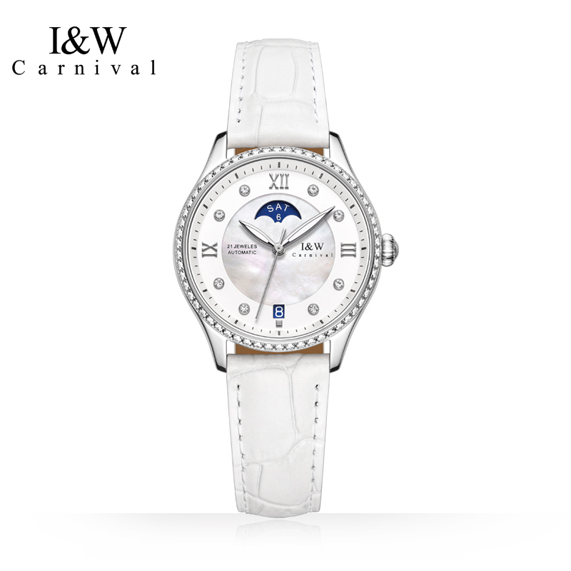 【苏有朋代言】瑞士I&W CARNIVAL爱沃驰手表自动机械表女士新款防水星期日历腕表时尚潮流镶钻气质女表582L 白皮