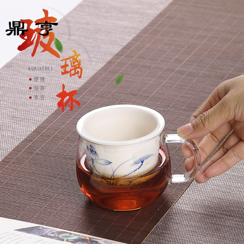 鼎亨耐热玻璃茶杯手绘陶瓷内胆带盖过滤带把茶水分离个人泡茶杯
