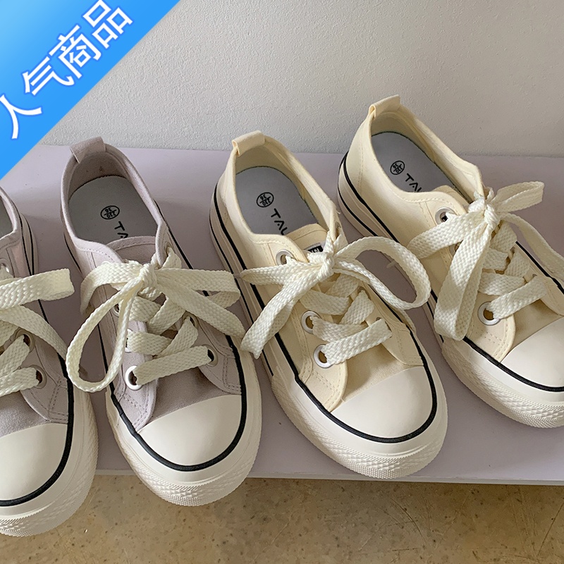 SUNTEK夏款透气奶白色帆布鞋女2023年新款百搭ins潮鞋子学生日系小白鞋高清大图