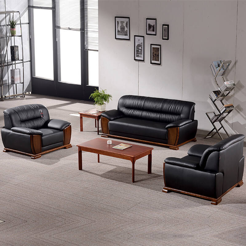 办公沙发茶几组合简约现代商务接待会客区真皮西皮三人办公室沙发 进口头层真牛皮【单+三】