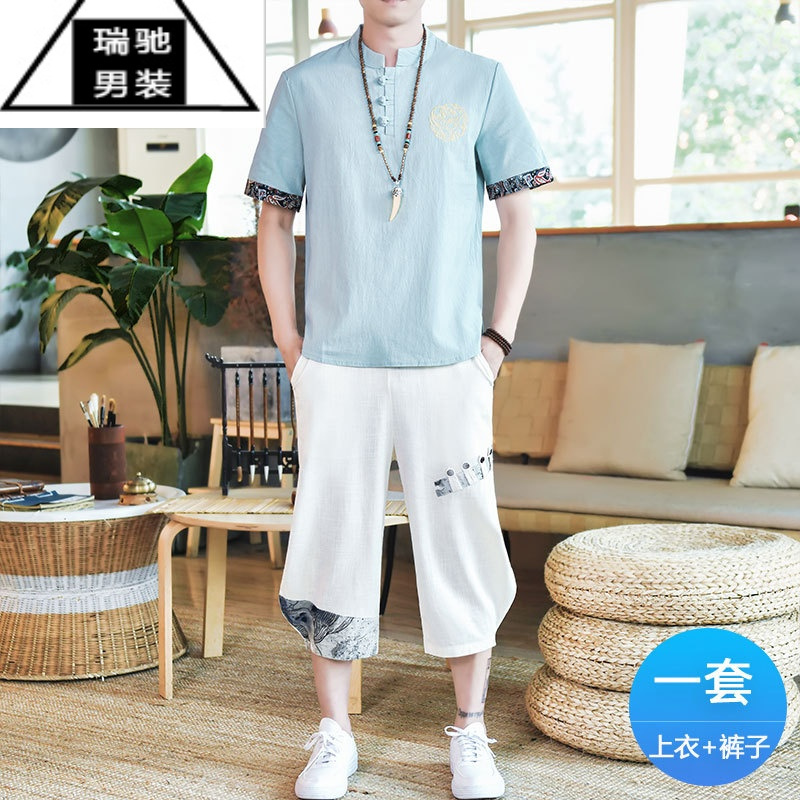 希杰狮王亚麻短袖T恤男夏季中国风套装男宽松棉麻复古刺绣大码上衣两件套