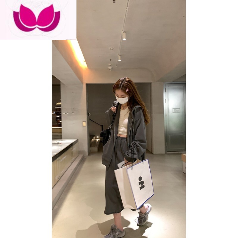 七斓im向 慵懒风连帽卫衣开衫拉线外套女激光磨皮设计半身裙套装 L 橄榄炭灰卫衣预售10个工作日内