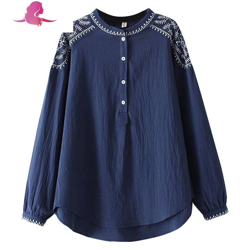 女装大码妈妈装绣花棉麻长袖衬衫女胖妈妈春装上衣春200斤大码女装