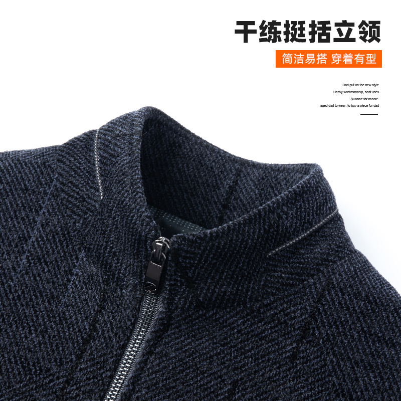 恒源祥加绒夹克外套中老年男士毛呢大衣加绒加厚爷爷装棉衣冬毛高清大图