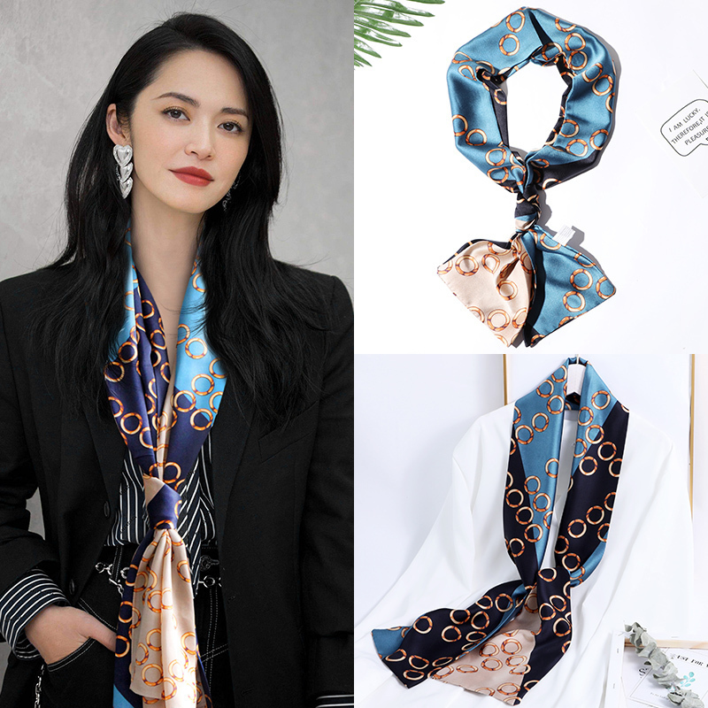 美帮汇丝巾女小长条百搭春秋长款小领巾细窄搭西装丝巾包包绑带窄巾 镜圆璧合-蓝金