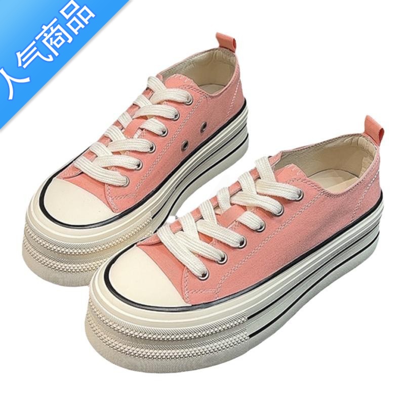 SUNTEK粉色厚底帆布鞋女2023春夏新款增高软底低帮板鞋黑色百搭学生布鞋高清大图