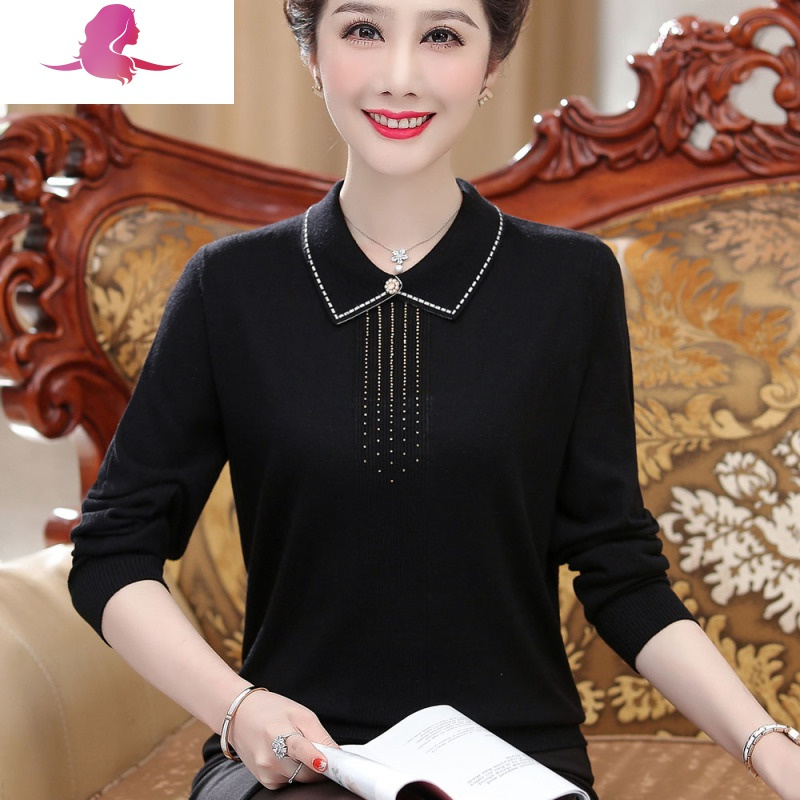 艳如飞四五十岁妈妈穿的带领子大码薄款秋衣中老年春秋装针织打底衫