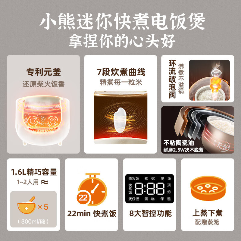 小熊(Bear)电饭煲 电饭锅迷你1-2人一键快煮饭多功能预约配蒸笼1.6L蒸饭器小型 DFB-C16K1高清大图
