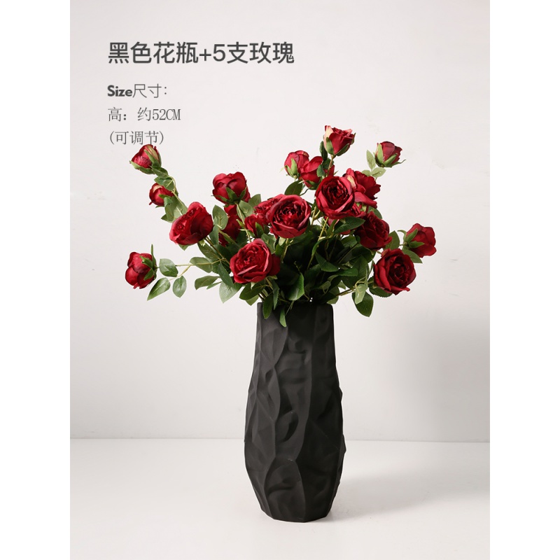 现代简约落地客厅摆件创意插花家居装饰品陶瓷干花花瓶花艺摆设 三维工匠 切面花瓶黑色+5支玫瑰高清大图