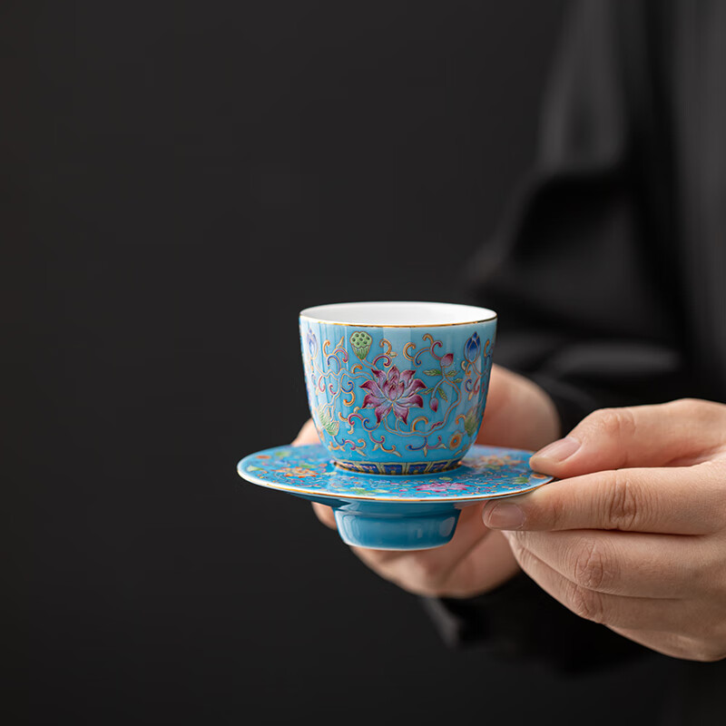 苏氏陶瓷(SUSHI CERAMICS) J1059 珐琅彩缠莲枝品茗杯 60ml (单位:个) 蓝色高清大图