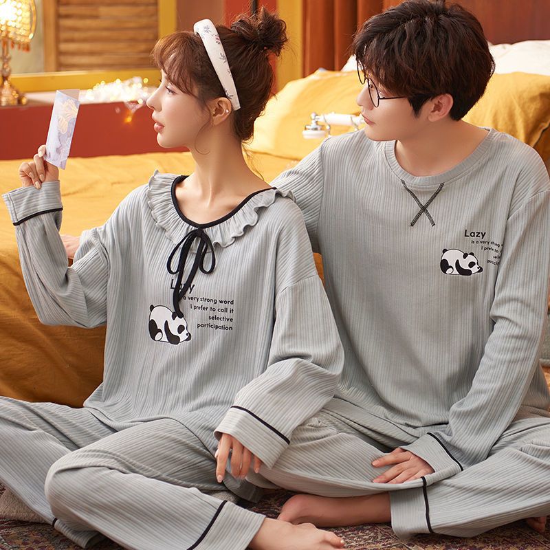 情侣睡衣女秋春款棉男士长袖大码家居服夫妻套装