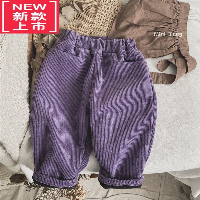 可莉允韩国复古紫色~儿童加绒保暖灯芯绒休闲裤子男女宝宝长裤萝卜裤冬保暖裤图片