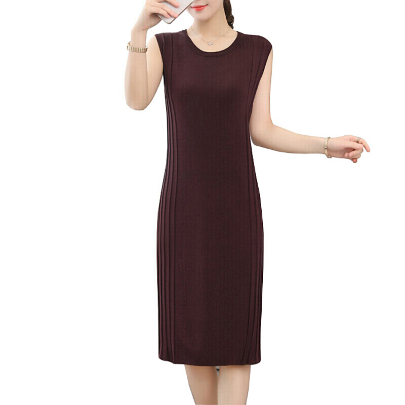 波迷娜(BOMINA)大码女装针织背心连衣裙2021年秋季新款中长款无袖冰丝打底衫连衣裙
