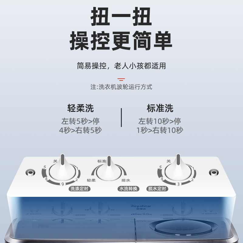 荣事达(Royalstar)8公斤kg家用小型迷你半自动洗衣机双桶双缸波轮洗衣机小半自动 脱水甩干机 XPB80-957