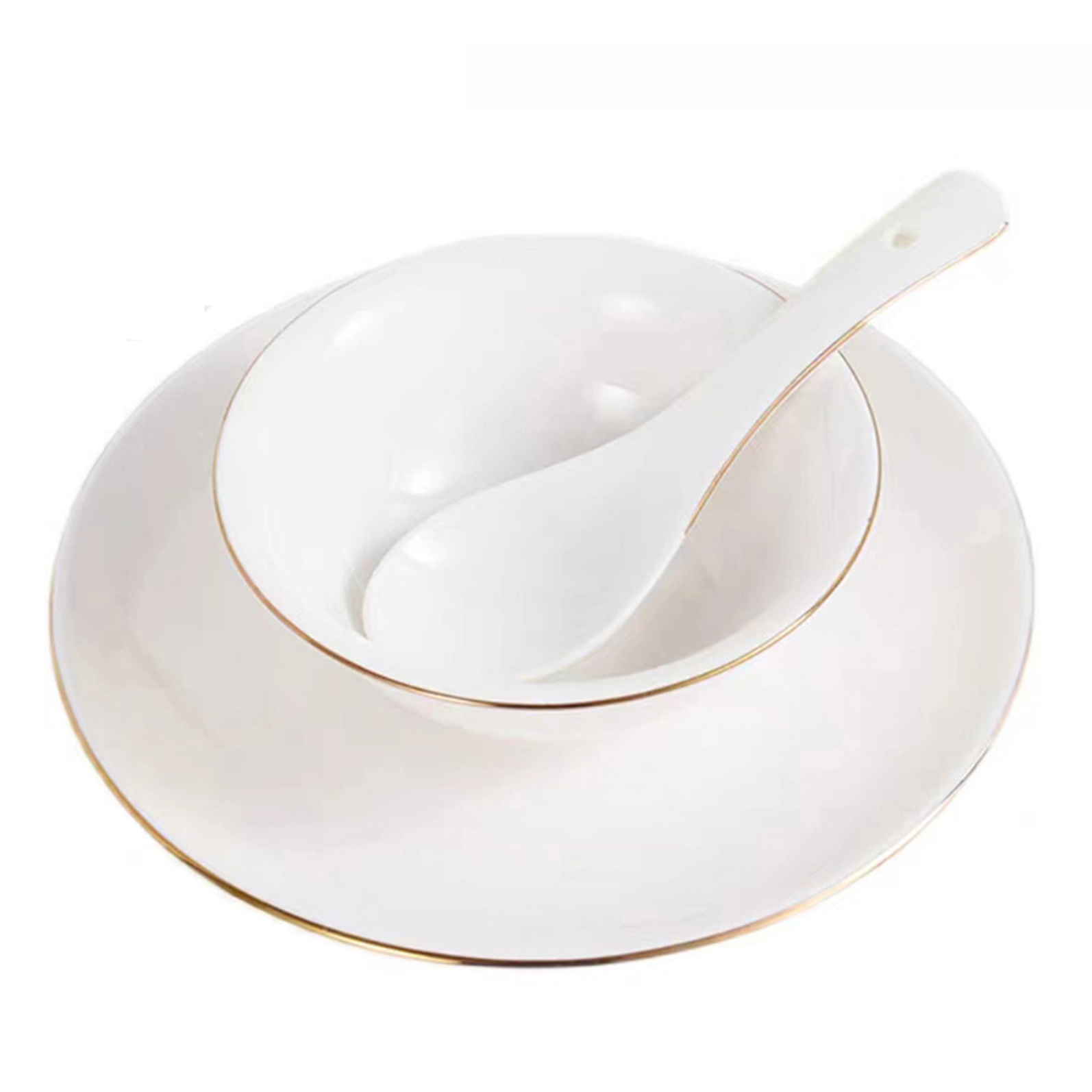 橙亿鸿 纯白陶瓷碗金边摆台餐具盘碗勺茶杯筷架筷子 六件套/件高清大图
