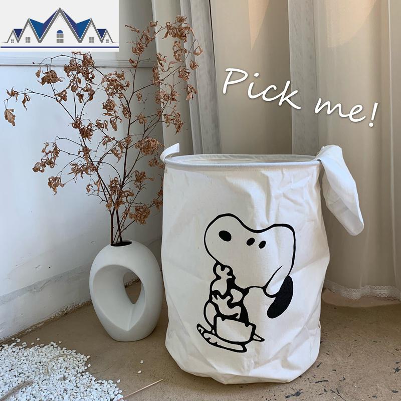 ins风简约波点大收纳桶北欧布艺棉麻收纳桶脏衣篓束口洗衣篮家用 三维工匠收纳篮 史努比