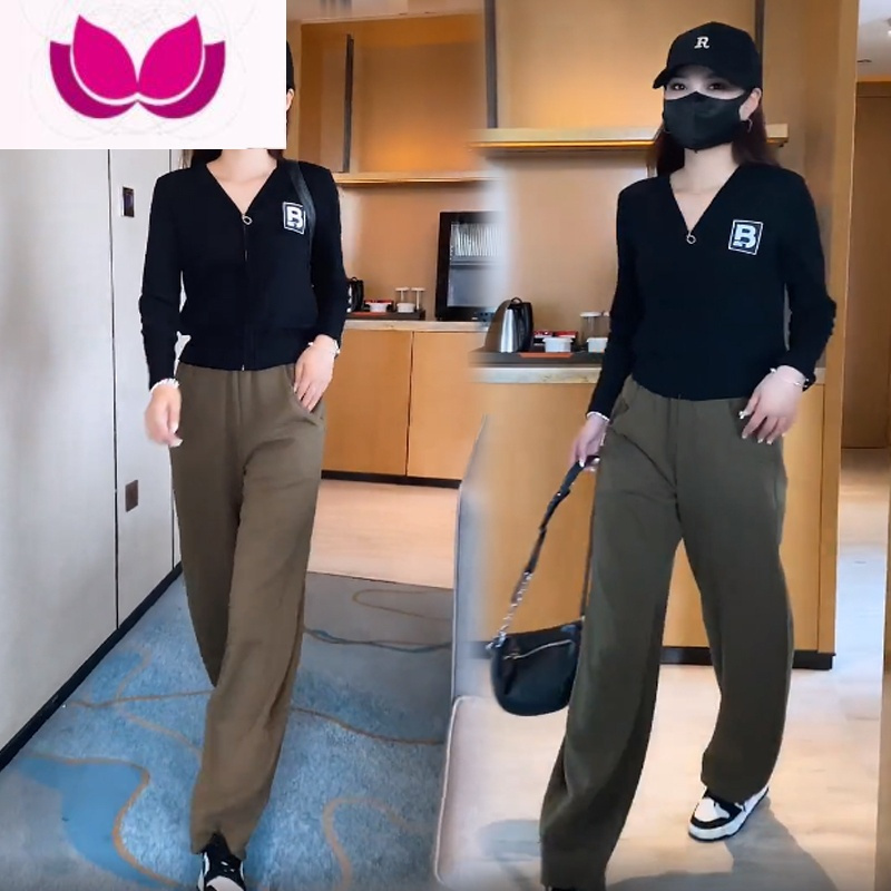 七斓螺纹棉上衣休闲套装女2022秋季新款洋气减龄高腰显瘦阔腿裤套