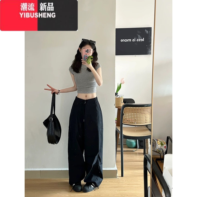 YIBUSHENG美式复古经典黑色工装裤子女季2024新款直筒裤宽松休闲阔腿长裤高清大图