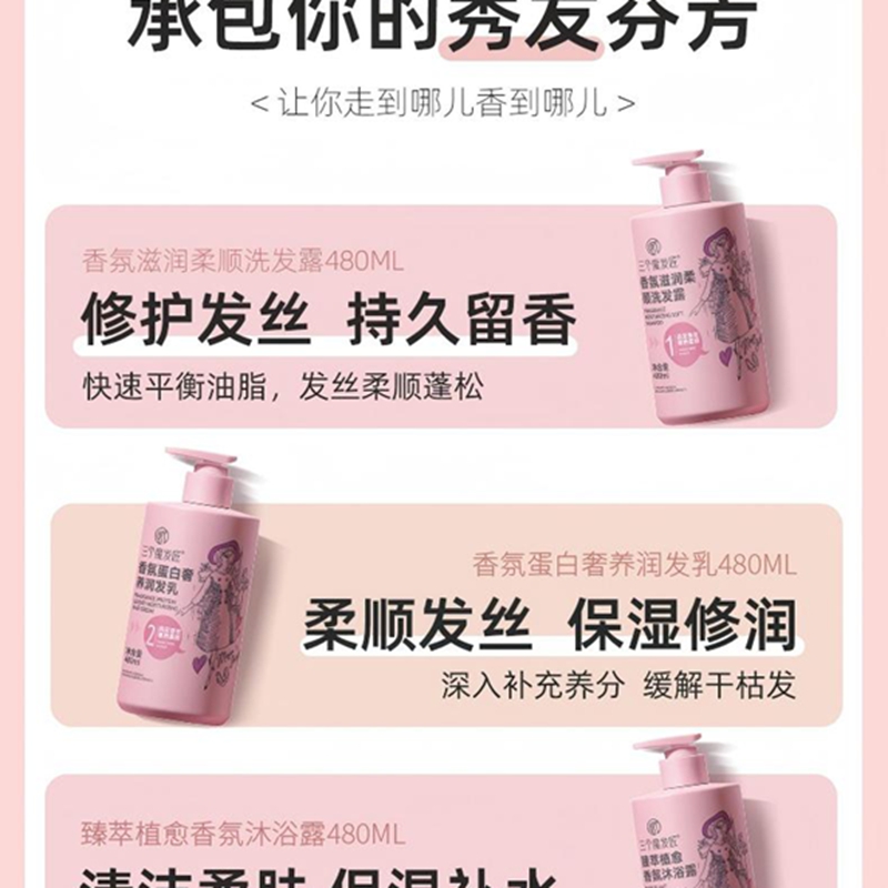 三个魔发匠甄享香氛洗护沐套组(香氛滋润柔顺洗发露480ml+香氛蛋白奢养润发乳480ml+臻萃植愈香氛沐浴露480ml)高清大图