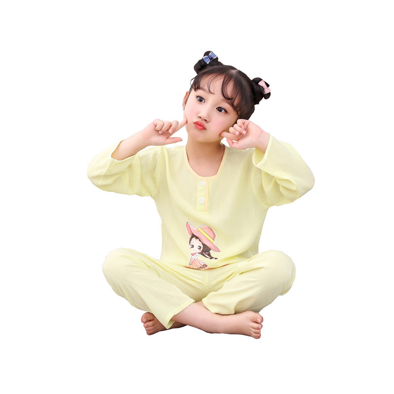 2019新款春秋印花长袖童装家居服套装儿童竹节棉小孩棉绸卡通睡衣