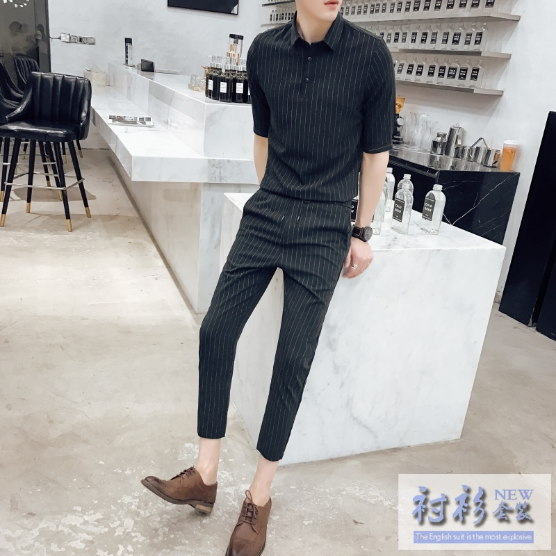 2018夏款新款潮男夜店公子条纹衬衫两件套休闲宽松两件套九分裤男