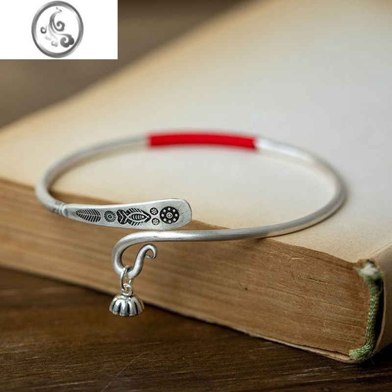 jimi银脚镯女银银古风脚链复古雕刻花纹流苏吊坠开口可调节银镯子脚环