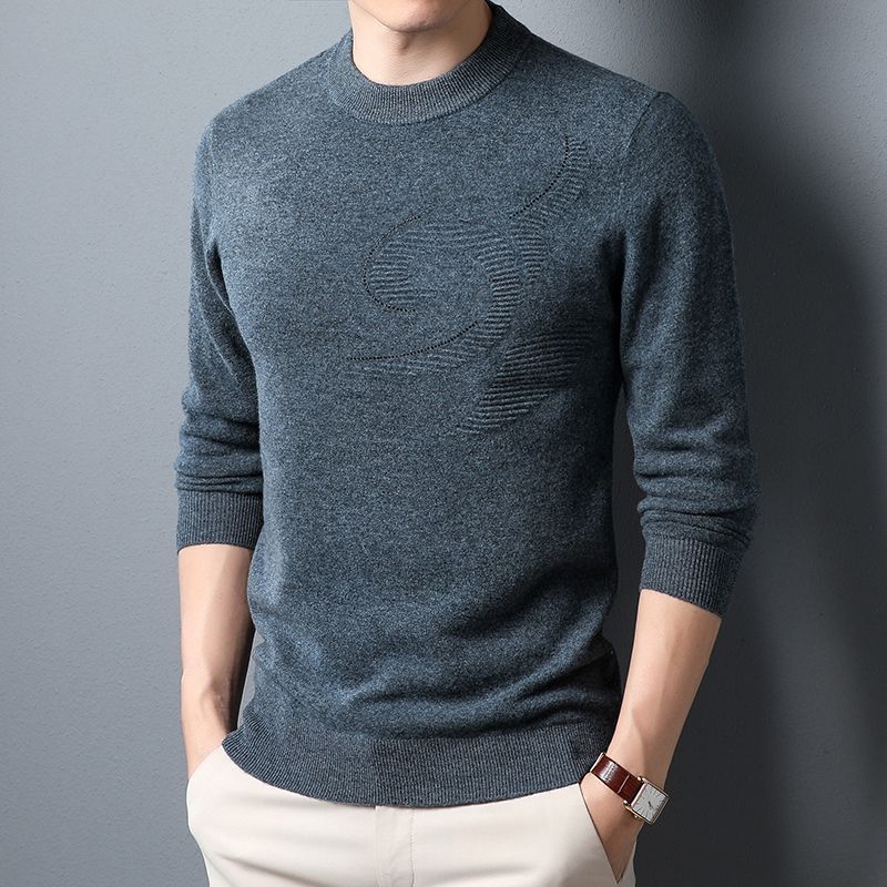 恒源祥男士羊毛衫款中青年圆领压花纯色打底针织毛衣宽松大码休闲