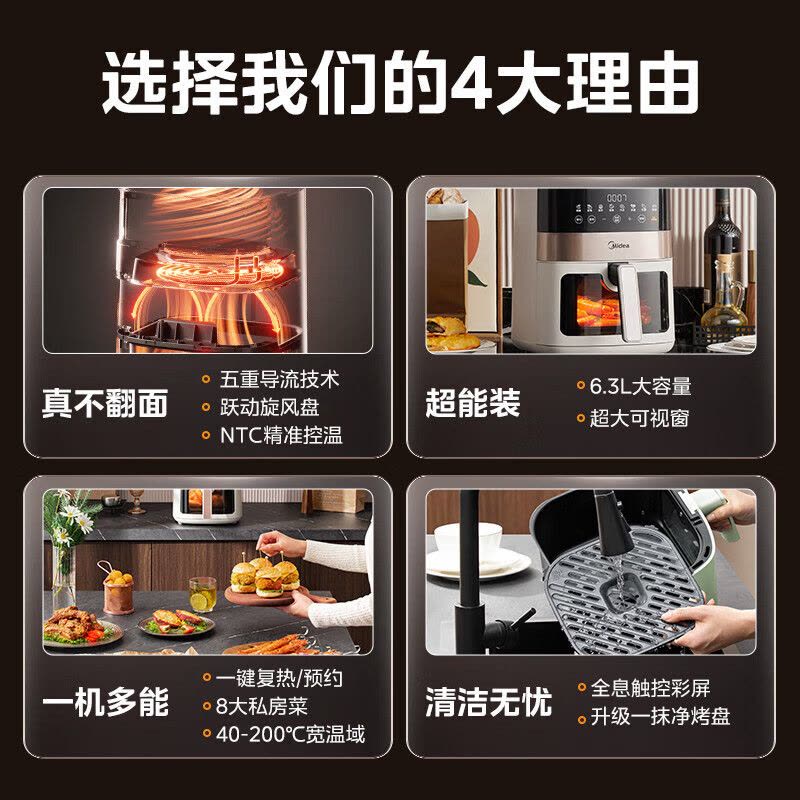美的(Midea)空气炸锅电炸锅 高清可视窗 免翻面 蒸汽嫩炸烘烤炸篮 触控智能多功能全自动炸锅 MF-KZC6381图片
