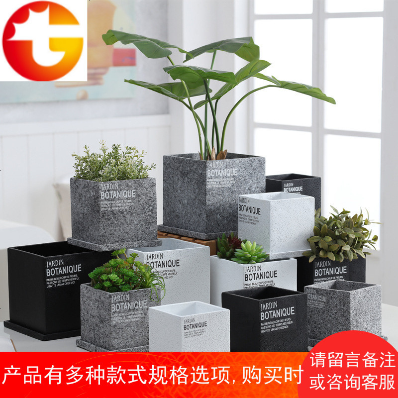 正方形水泥花盆北欧简约多肉植物花瓶水培绿植带托盘盆景家居装饰