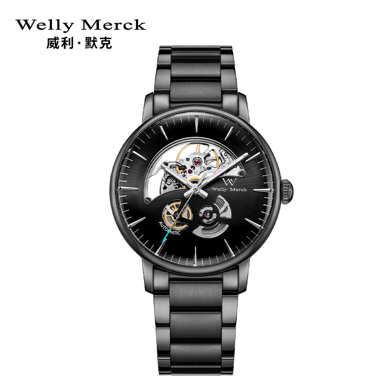 welly merck威利默克手表男新款自动机械表品牌正品防水时尚男表星球系列镂空腕表WM019M 黑色钢带银色指针