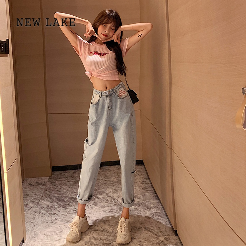 NEW LAKE韩版chic破洞浅色牛仔裤女夏季2024年新款显瘦宽松直筒阔腿老爹裤