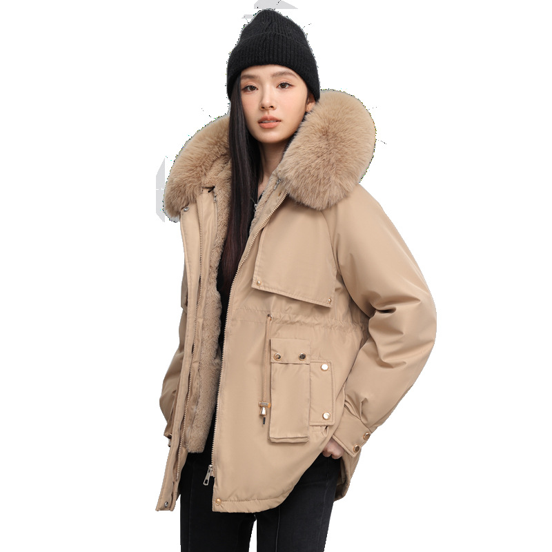 加绒加厚派克服女冬季2024新款大毛领可拆卸连帽洋气宽松棉服外套高清大图
