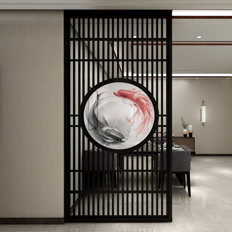 新中式屏风隔断客厅入户北欧栅栏轻奢风屏风实木镂空半透纱画座屏 定制80*180cm胡桃木 整装高清大图