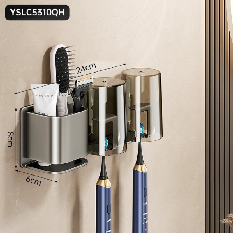 777牙刷置物架免打孔刷牙杯漱口杯架子壁挂式卫生间家庭牙缸牙具挂架 枪灰丨双人牙刷架+2杯