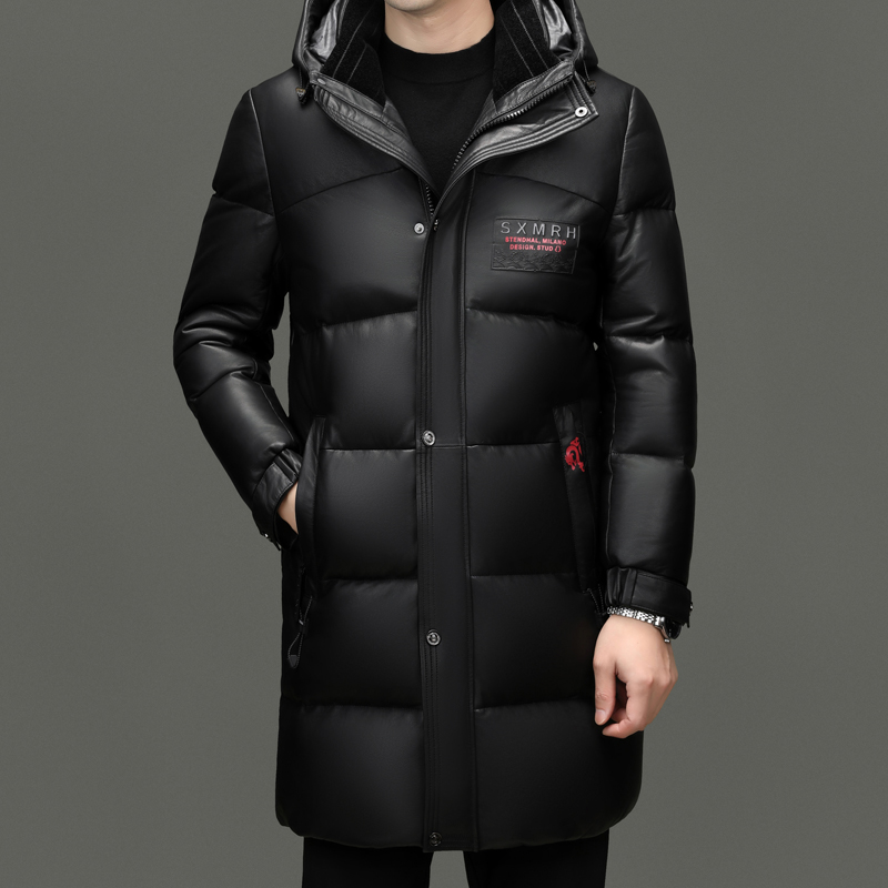 100头层真皮白鸭绒羽绒服皮夹克皮外套冬季加厚保暖中长款新款男装皮夹克海宁真皮绵羊皮高清大图