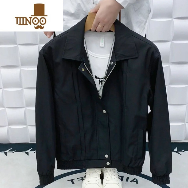 YANXU秋季新款潮男纯色翻领外套潮牌情侣修身夹克青年网红时尚帅气U款高清大图