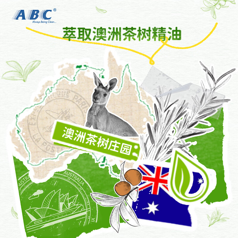ABC 澳洲茶树精华瞬爽棉柔纤薄日用卫生巾240mm*8片(萃取植物成分)高清大图